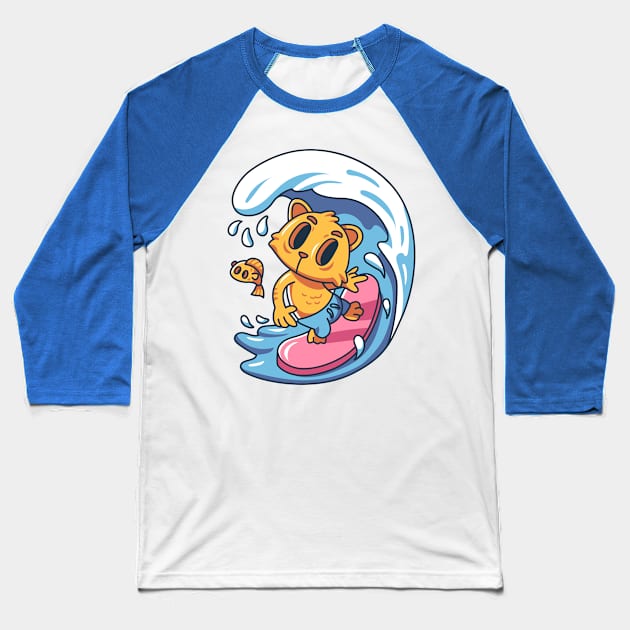 Cute Cat Surfing Baseball T-Shirt by yellowline